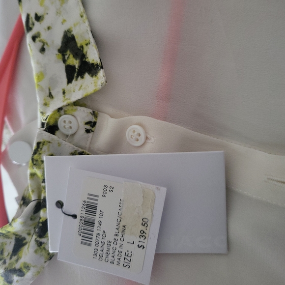 NWT ClubMonaco SILK BLOUSE BACK BUTTON CLOSURE SZ-L White/Green - Picture 3 of 4